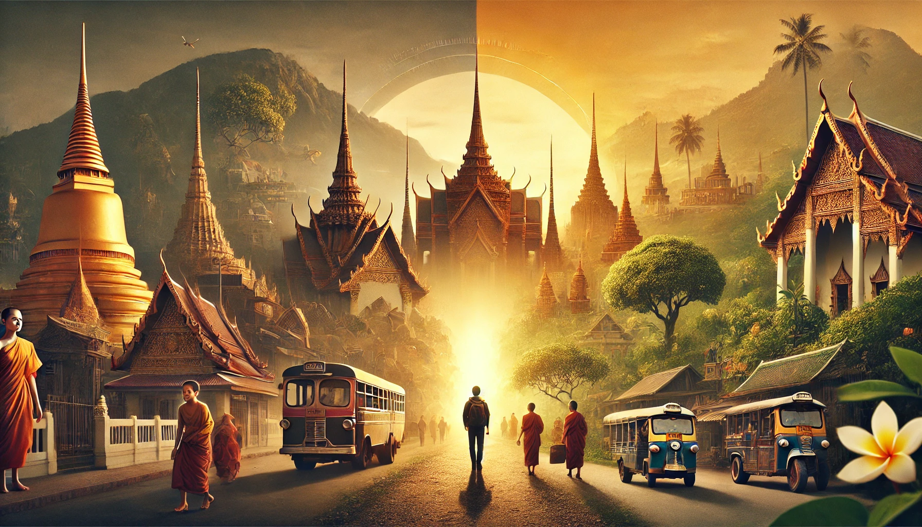 A traveler walks through a Thai landscape with temple spires, monks, and bustling streets, symbolizing a journey of cultural and spiritual discovery.