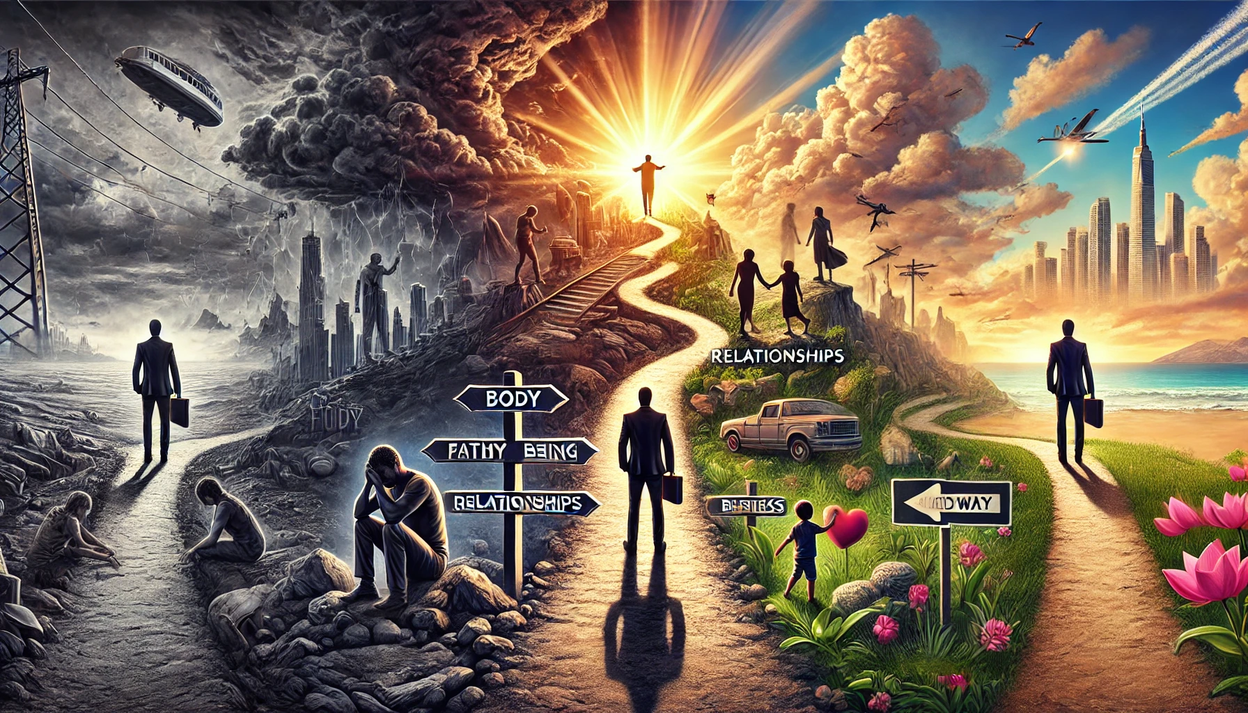 A man at a crossroads walks from a chaotic past toward a bright future, with symbols of health, spirituality, family, and business along the path.