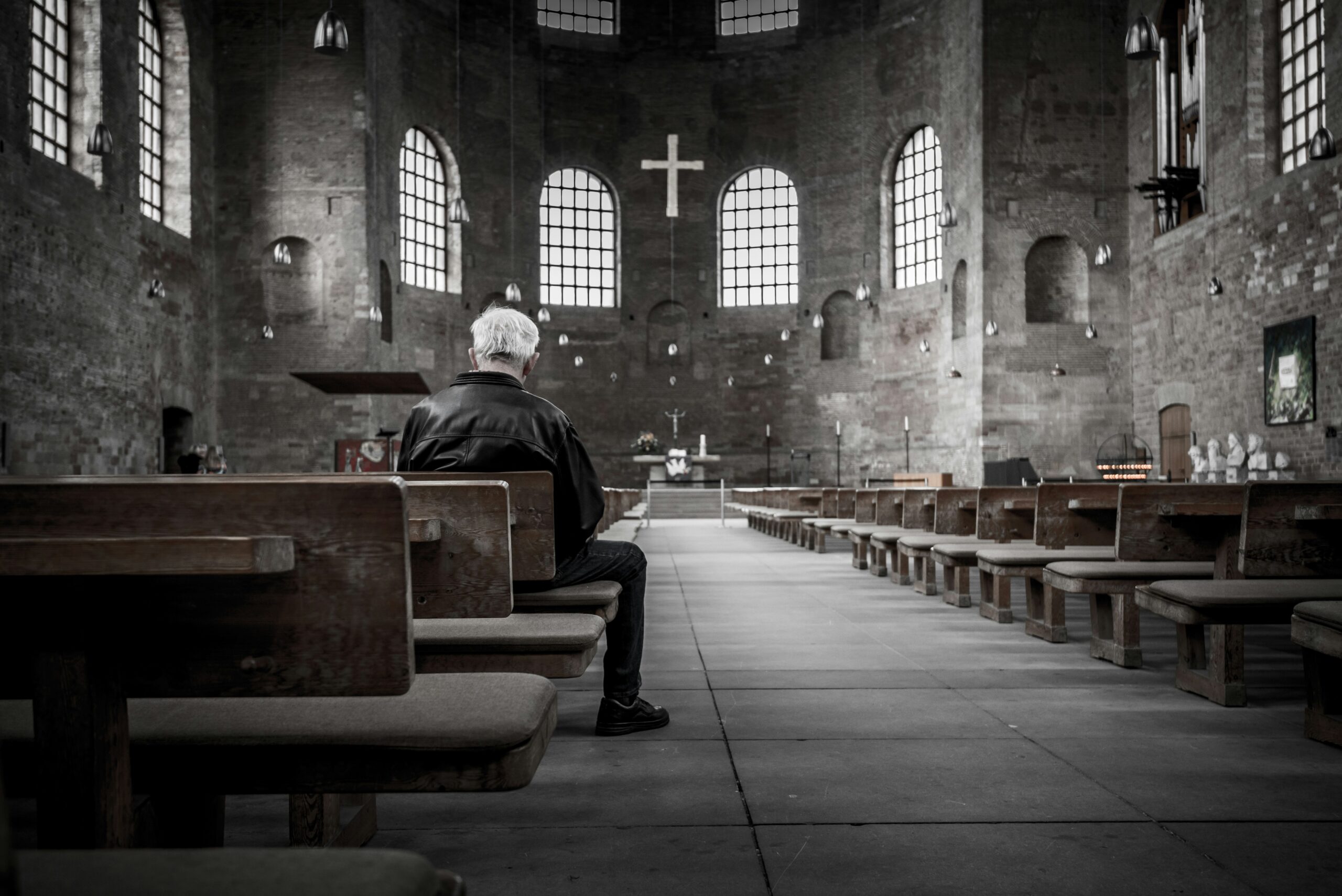 church HD Grey Wallpapers People Images & Pictures interior People Images & Pictures building Religion Images aisle pew monochrome old man HD Windows Wallpapers HD Cross Wallpapers Praying Images aula palatina prayer preach contemplate chair seat Backgrounds